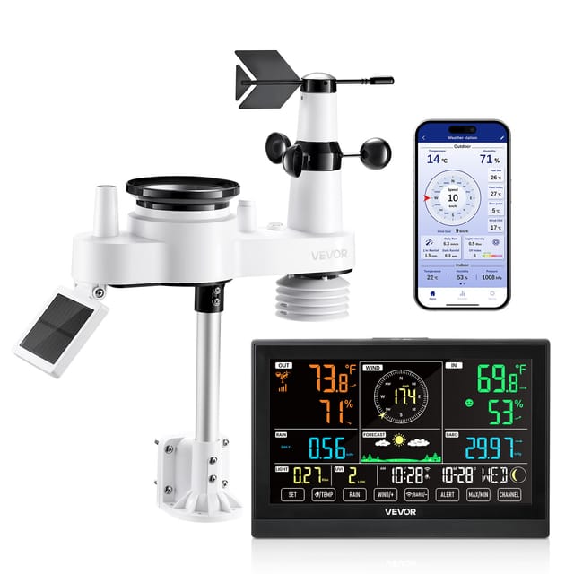 VEVOR 7-in-1 WLAN-Wetterstation mit APP, 7,5-Zoll-VA-Display, solarbetriebener Außensensor, Wettercenter zur Wettervorhersage, Windgeschwindigkeit, Temperatur, Luftfeuchtigkeit, Niederschlag