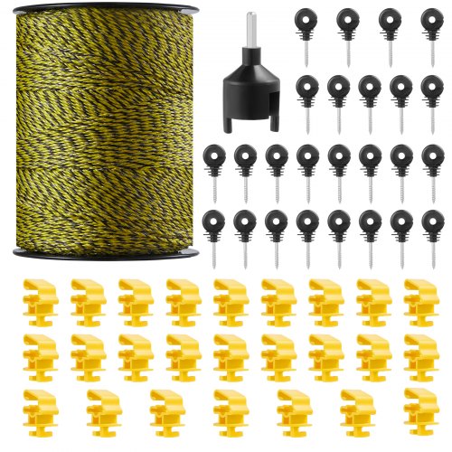 VEVOR Elektrozaundraht, 1640 Fuß 500 m tragbarer Polydraht, 1/8 Zoll Durchmesser, 6 Edelstahllitzen, Zaunseil mit 25 Zaunisolatoren und 25 T-Pfostenisolatoren, für Pferde, Rinder, Vieh