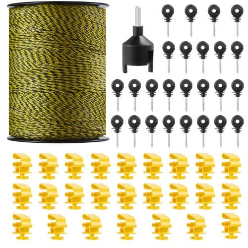 VEVOR Elektrozaundraht, 1640 Fuß 500 m tragbarer Polydraht, 1/8 Zoll Durchmesser, 6 Edelstahllitzen, Zaunseil mit 25 Zaunisolatoren und 25 T-Pfostenisolatoren, für Pferde, Rinder, Vieh