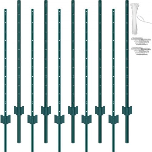 VEVOR 4 Fuß Zaunpfosten, 10er-Pack T-Pfosten Hochleistungs-Zaunpfosten aus Metall, stabile Zaunpfähle aus Stahl für Gartenhof, Rasen, Bauernhöfe und Maschendrahtzäune im Freien, grün