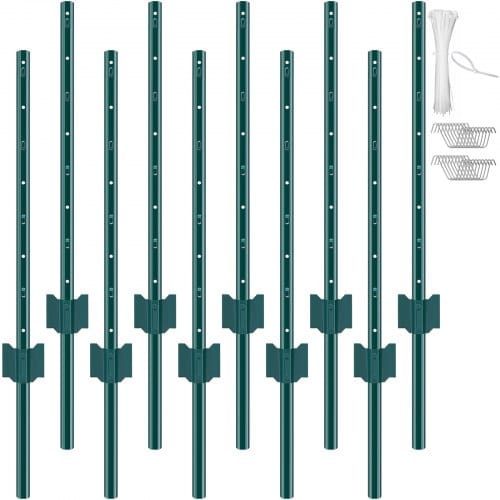 VEVOR 3 Fuß langer Zaunpfosten, 10er-Pack T-Pfosten Hochleistungs-Zaunpfosten aus Metall, stabile Zaunpfähle aus Stahl für Gartenhof, Rasen, Bauernhöfe und Maschendrahtzäune im Freien, grün