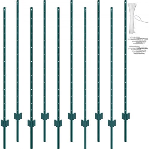 VEVOR 5 Fuß Zaunpfosten, 10er-Pack T-Pfosten Hochleistungs-Zaunpfosten aus Metall, stabile Zaunpfähle aus Stahl für Gartenhof, Rasen, Bauernhöfe und Maschendrahtzäune im Freien, grün