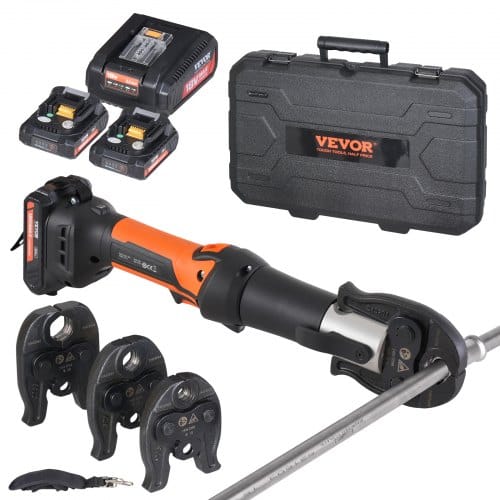 VEVOR Presswerkzeug und Akku-Set, Pro-Presswerkzeug, elektrisches Rohr-Crimpwerkzeug mit M15-, M22-, M28-Backen, Presswerkzeug-Set mit 2 Stück 18-V-2,0-Ah-Akku, Schnellladegerät und Tragetasche