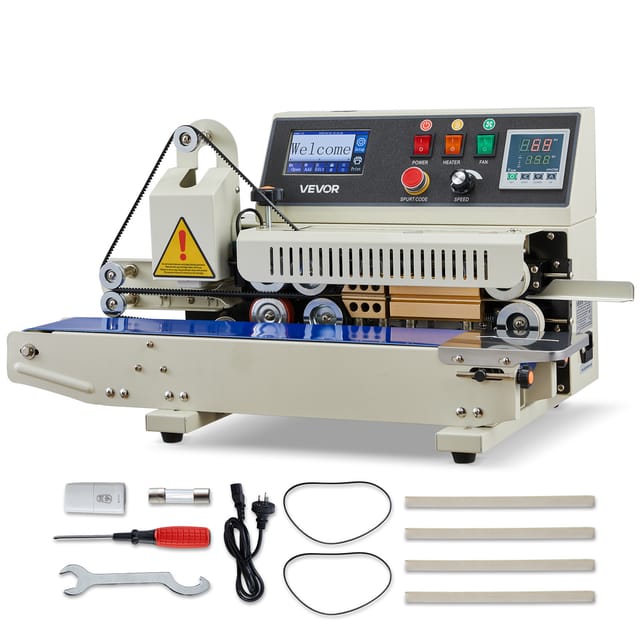 VEVOR Kontinuierliche Versiegelungsmaschine, 6–12 mm Siegelbreite, Horizontal, mit Tintendruck, Siegelmaschine, Temperatur & Geschwindigkeit einstellbar, für 0,03–0,8 mm Plastiktüten