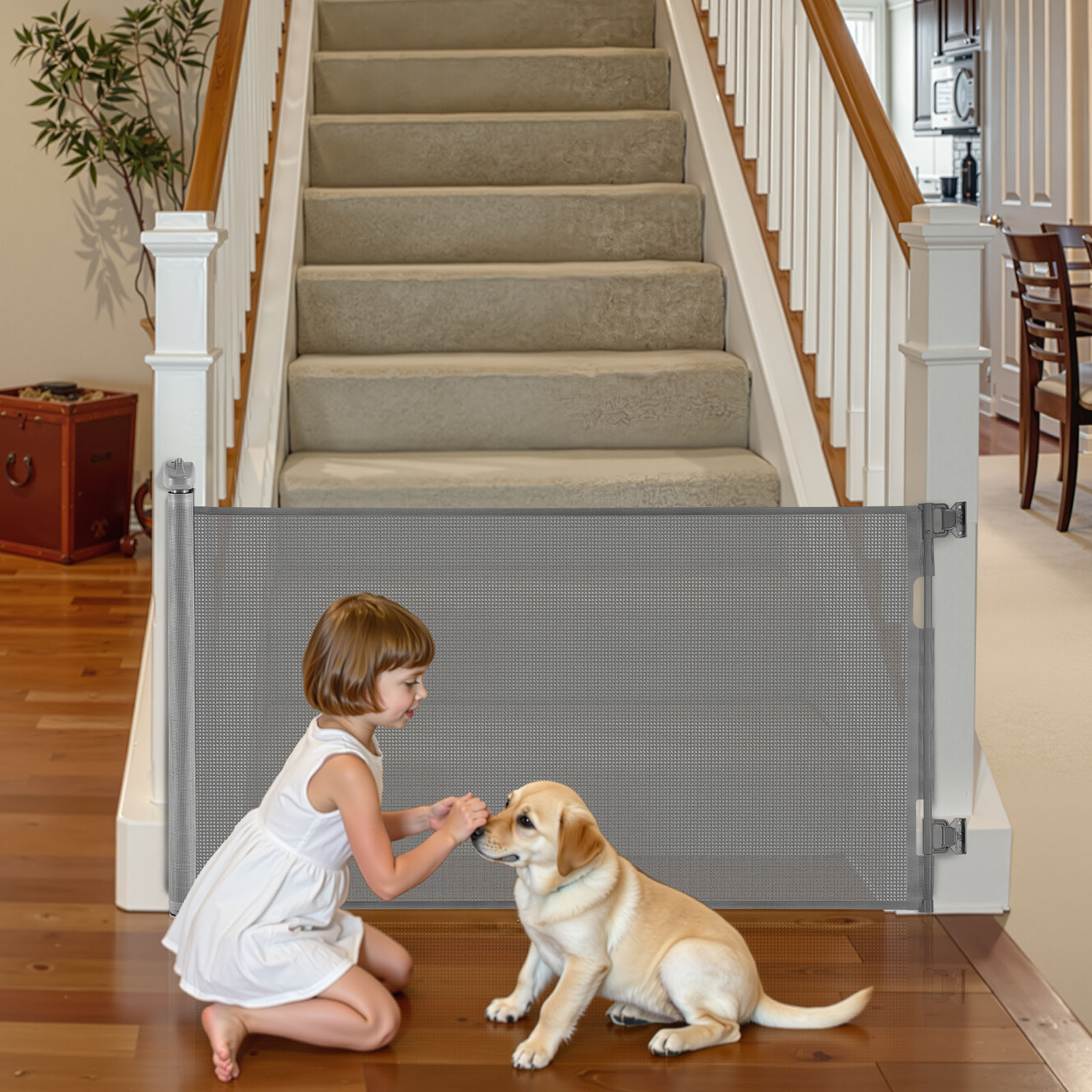 VEVOR einziehbares Babygitter Hundegitter ausziehbar auf 143 cm Breite / 795 mm Höhe, Treppenschutzgitter mit Sicherheitsschloss, Schutzgitter aus Netzgewebe für Treppen Flure drinnen/draußen, grau