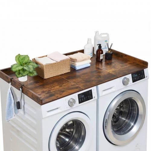 VEVOR Arbeitsplatte für Waschmaschine & Trockner (137 x 69,9 cm) mit Erhöhtem Rand & Haken, zur Organisation und Aufbewahrung im Wäscheschrank Speisekammer Küchentheke, 113 kg Belastbar, Braun