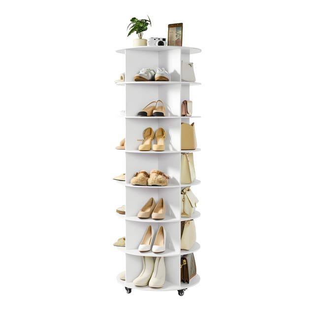 VEVOR Schuhregal Schuhschrank für 28 Paar Schuhe (7-stöckig) 360° drehbar, Schuhaufbewahrung mit Rollen, Schuhablage für Schlafzimmer Wohnzimmer Eingangsbereich, Weiß 598 x 598 x 1670 mm