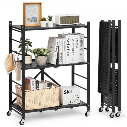 VEVOR 3 Etagen, Klappbare Regale mit Rädern, 33x71x91 cm, Faltbares Schwerlastregal, montagefreies Standregal, Haushaltsregal, Küchenregal, Metallregal für Garage, Küche, Keller, schwarz
