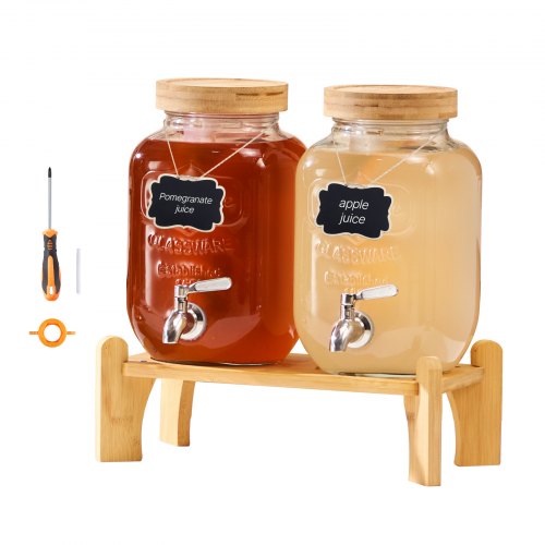 VEVOR Getränkespender (2 x 3,8 L) für Partys Saftspender (aus Glas) mit tropfsicherem Zapfhahn & Holzständer Wasserspender für Restaurants Partys, Limonade Eistee selbstgemachte Getränke Spender