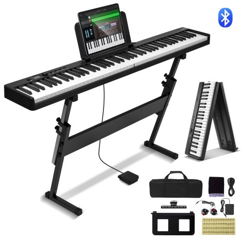VEVOR 88-Tasten-Klappklavier, Bluetooth und MIDI, tragbares elektronisches digitales Klappklavier mit Ständer, Sustain-Pedaltasche, berührungsempfindliche Tasten, wiederaufladbar für Anfänger, Jugendliche und Erwachsene, schwarz