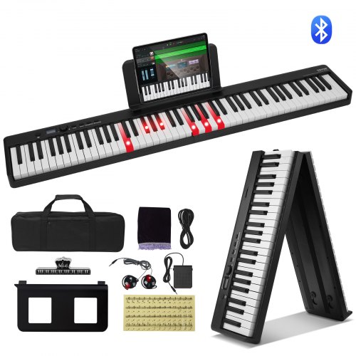 VEVOR 88-Tasten-Klappklavier, Bluetooth und MIDI, tragbares elektronisches digitales Klappklavier mit Sustain-Pedaltasche, berührungsempfindlichen Tasten, Kopfhörern, wiederaufladbar für Anfänger, Jugendliche und Erwachsene, Schwarz