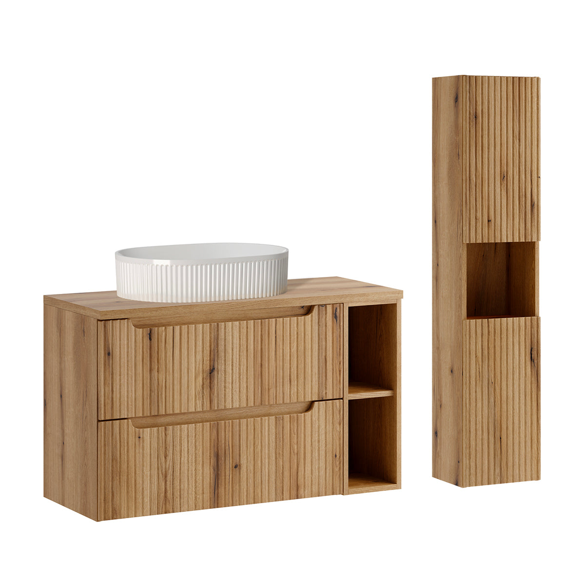 Waschtisch-set Mit Einzelwaschbecken (100 Cm), 2 Schubladen, 2 Fächern Und Einem Hochschrank „riva Bois