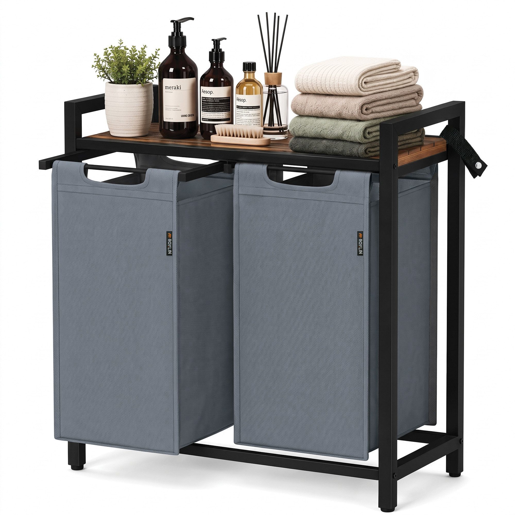 Roxlin Wäschekorb Mit 2 Fächern 100l – Wäschesortierer Mit Ablage & Metallgestell, Schmutzwäschekorb Wäsche Organizer Für Bad, Schlafzimmer & Waschküche – Grau