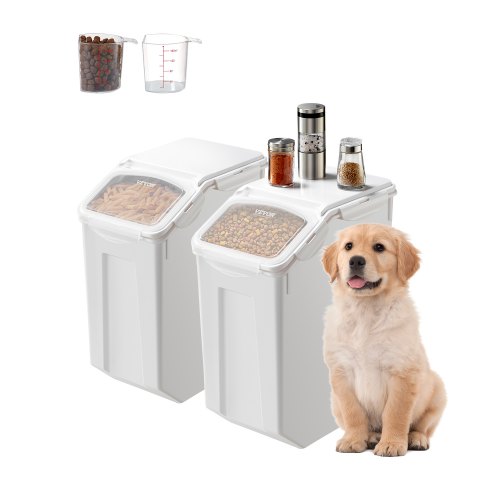 VEVOR Reis-Aufbewahrungsbehälter Vorratsdosen 2 Stk. Hundefutterspender, 2 x 20 L Behälter für Küchenzutaten Getreide Müsli Mehl, Tierfutterbehälter mit Rädern Messbecher luftdichter Deckel