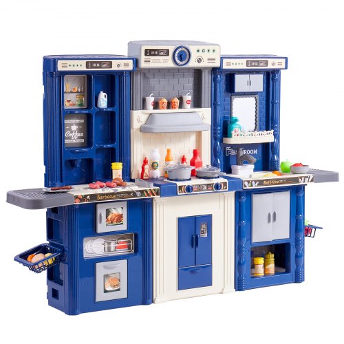 VEVOR Kinderküchen-Spielset, 3-in-1-Kleinkinderküche mit simuliertem Sprühnebel, Geräuschen und Lichtern, Spielküchenset mit 74-teiligem Kochzubehörset für Kleinkinder, Vorschulkinder, Kinder im Alter von 3–8 Jahren, Blau