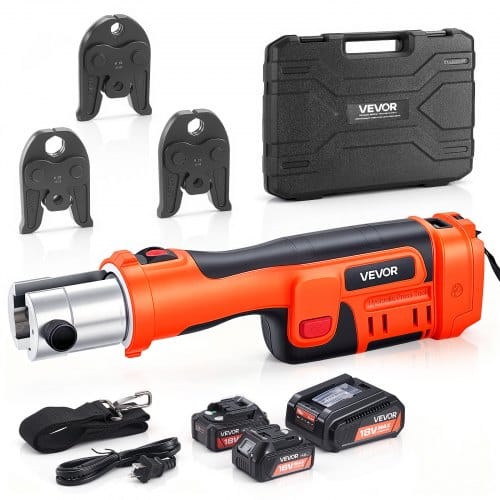 VEVOR 18V Akku Presszangen Set, 32kN Pressmaschine inkl. 3 Pressbacken M15 M22 M28 & 180° Drehbarem Kopf, Elektr. Presswerkzeug mit 4,0 Ah Baterrien für Edelstahlrohr bis 54mm, 40 HRC für Hochleistung