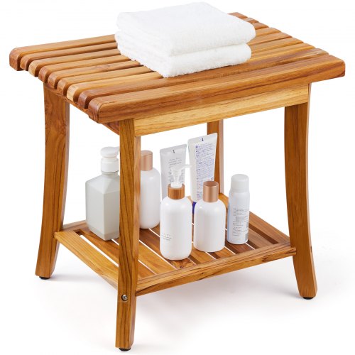 VEVOR Duschbank aus Teakholz, 50,8 x 36,6 x 45,6 cm, wasserdichter Duschhocker aus Holz mit Ablagefläche und rutschfesten Fußpolstern, maximale Tragkraft 180 kg, für Badezimmer im Innen- und Außenbereich