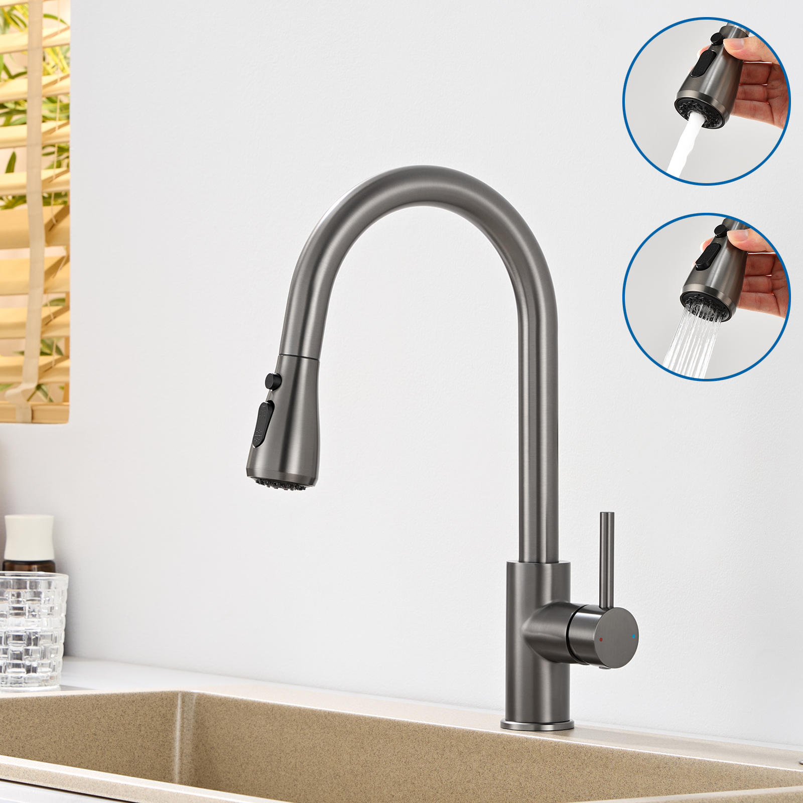 Cecipa Max Ausziehbare Küchenarmatur Mit 2 Straharten, Dunkelgrau Spültischarmatur 360° Drehbar, Küche Wasserhahn Mischbatterien Für Die Küche