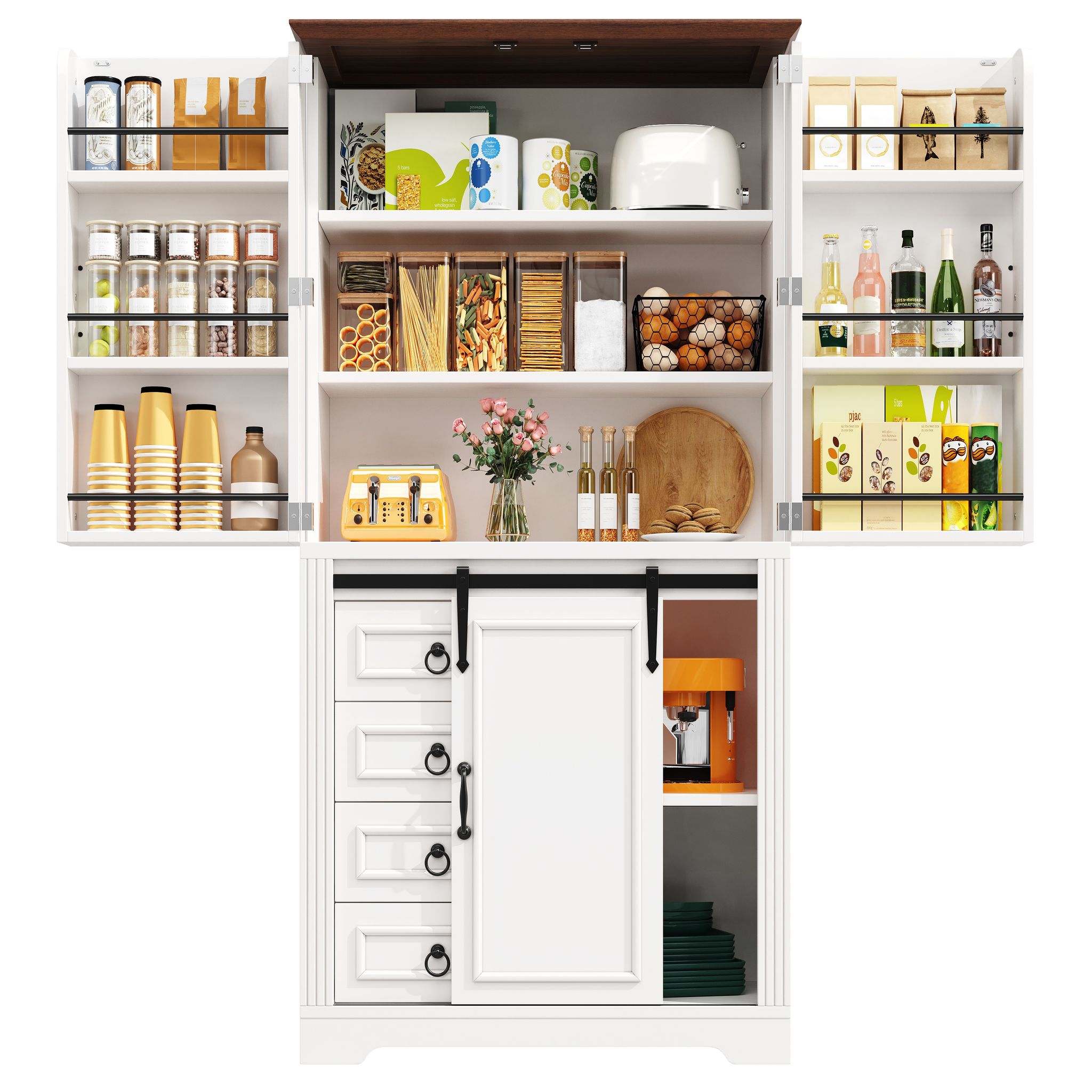 Elvmi Küchenschrank Mit 4 Schubladen, Verstellbaren Böden, Sanftschluss Und Seitenablage, Mdf Weiß, 80 X 39.8 X 180 Cm