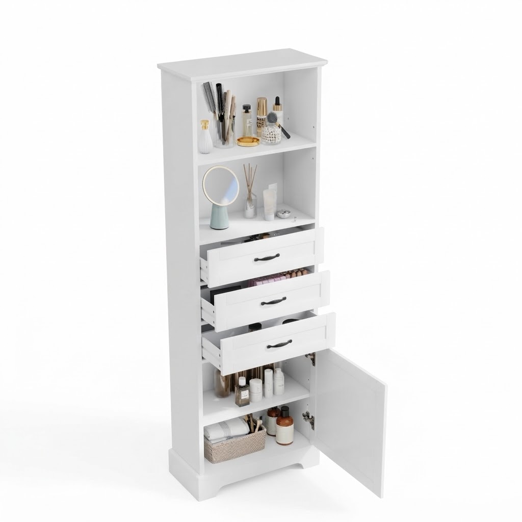 Elvmi Badezimmerschrank Mit 1 Tür, 3 Schubladen Und Verstellbaren Einlegeböden, Aus Mdf, 56 X 25.6 X 167 Cm, Weiß