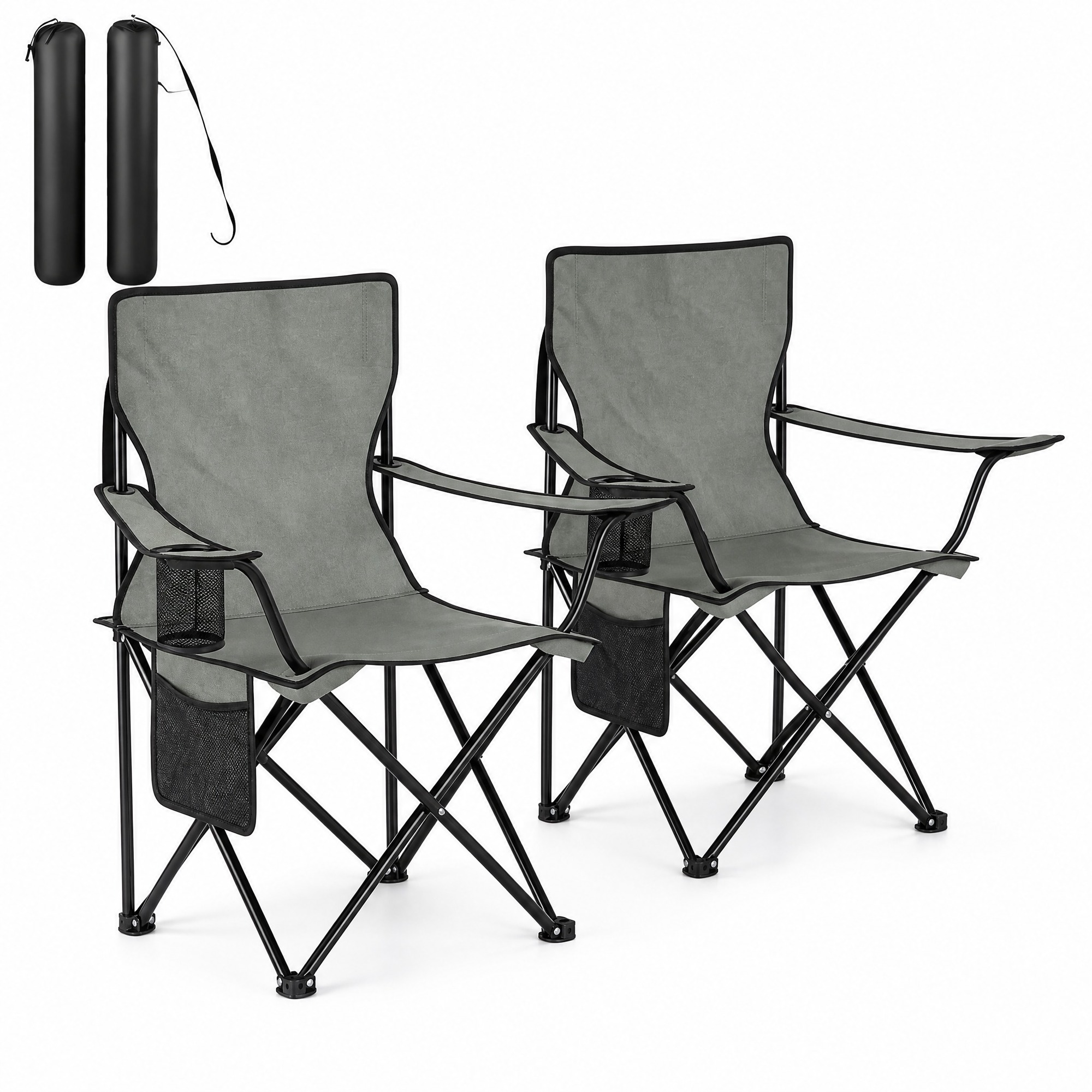 Elvmi Set Aus 2 Klappbaren Gartenstühlen Mit Getränkehalter Und Netztasche, Metall, Oxford-gewebe Und Mesh, Dunkelgrau