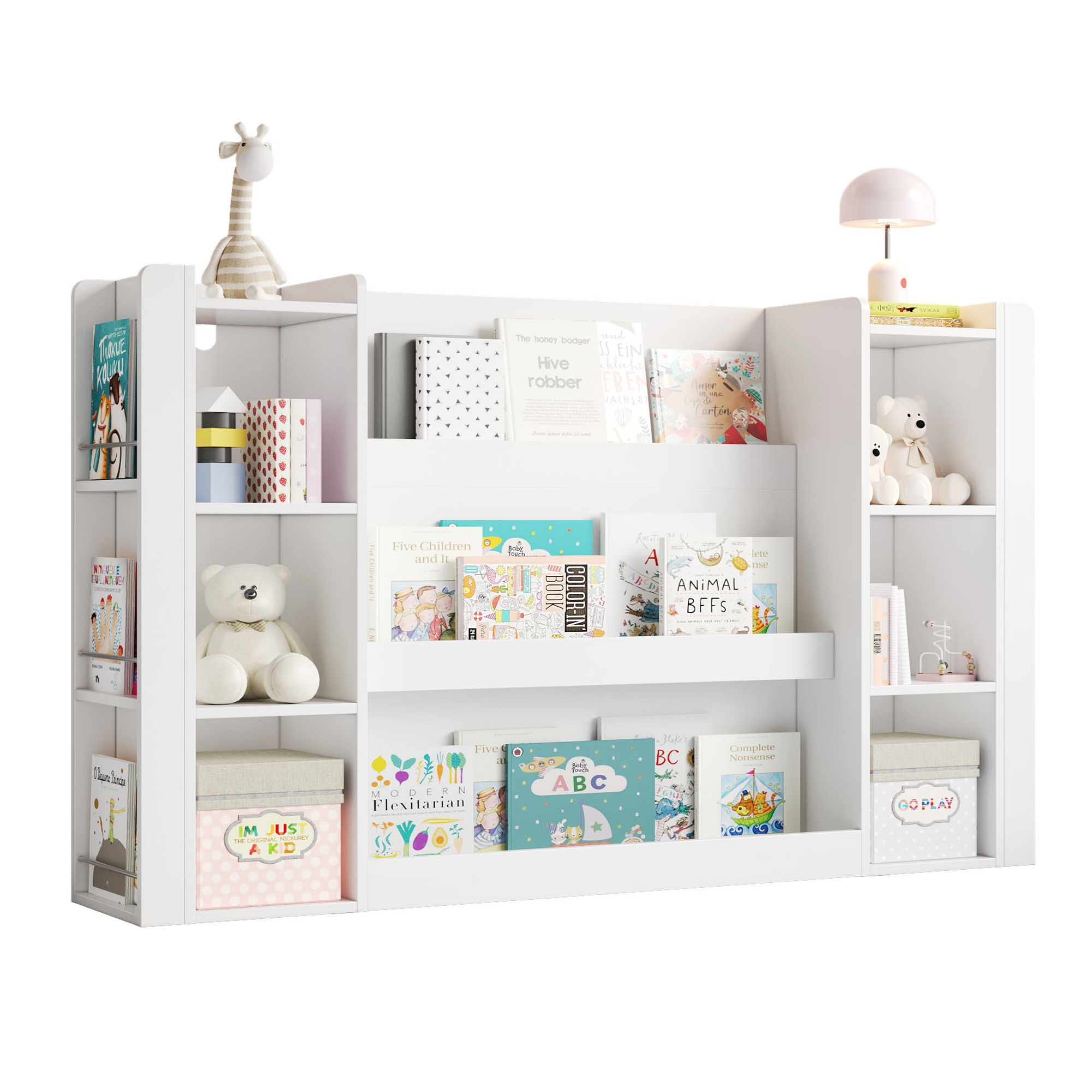 Elvmi Kinderbücherregal Mit Offenen Fächern Und Abgerundeten Ecken, Für Kinderzimmer, Mdf Weiß, 140 X 30 X 95 Cm
