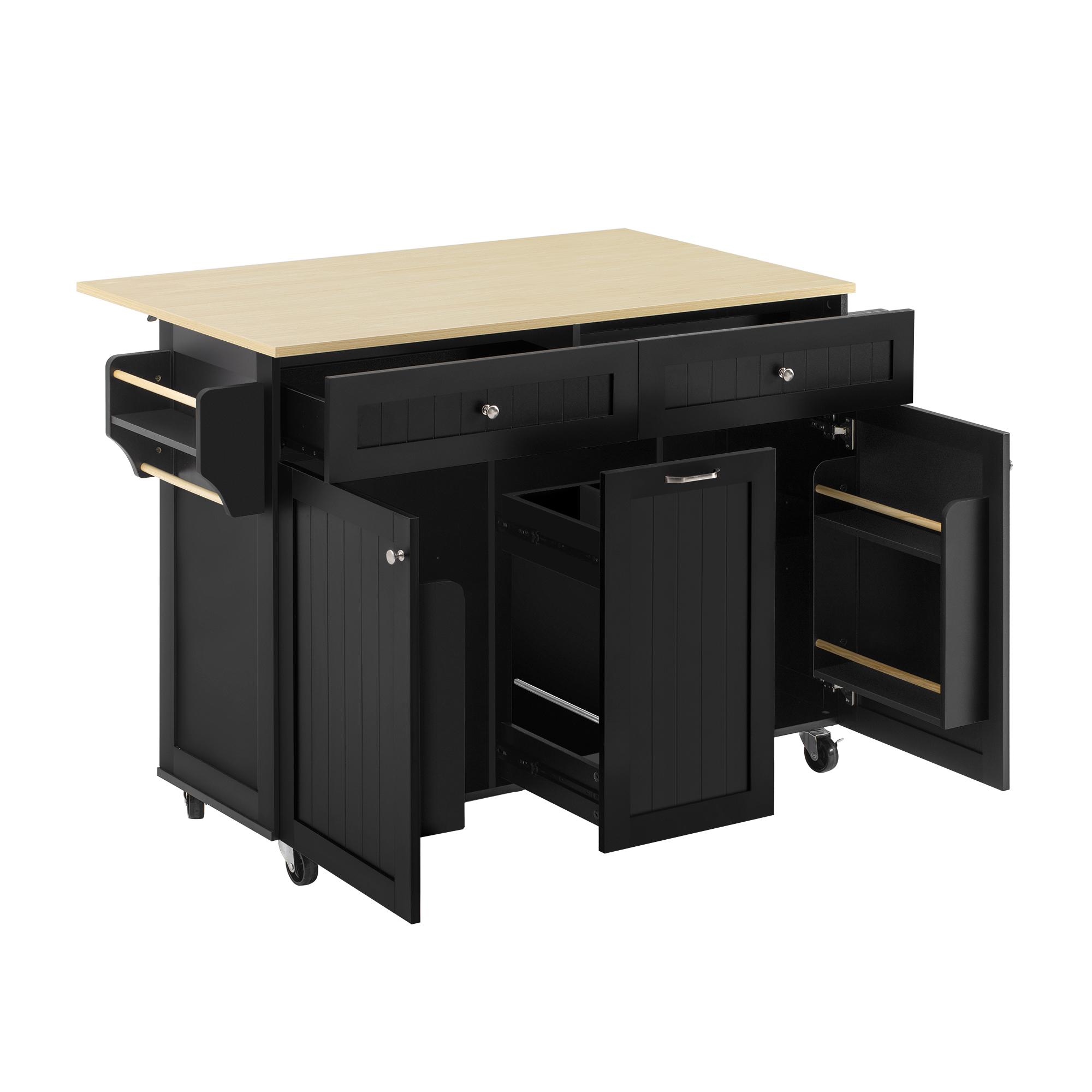 Elvmi Kücheninsel Mit Rollen, Klappbarer Arbeitsplatte, Schubladen Und Verstellbaren Böden, Mdf Schwarz, 140 X 40-70 X 92 Cm