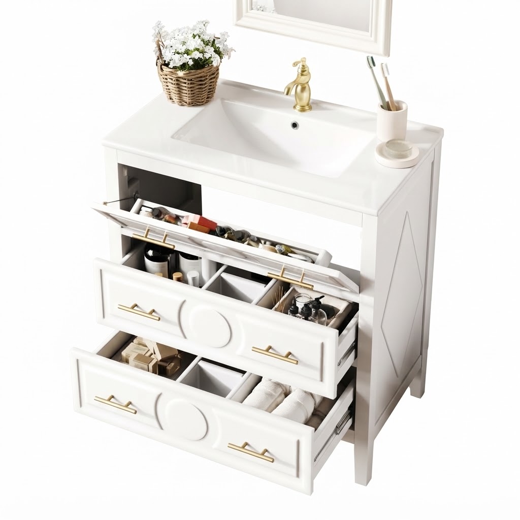 Elvmi Waschtischunterschrank Mit 3 Schubladen Und Soft-close, Keramikwaschbecken, Mdf Weiß, 81 X 46.5 X 86.5 Cm