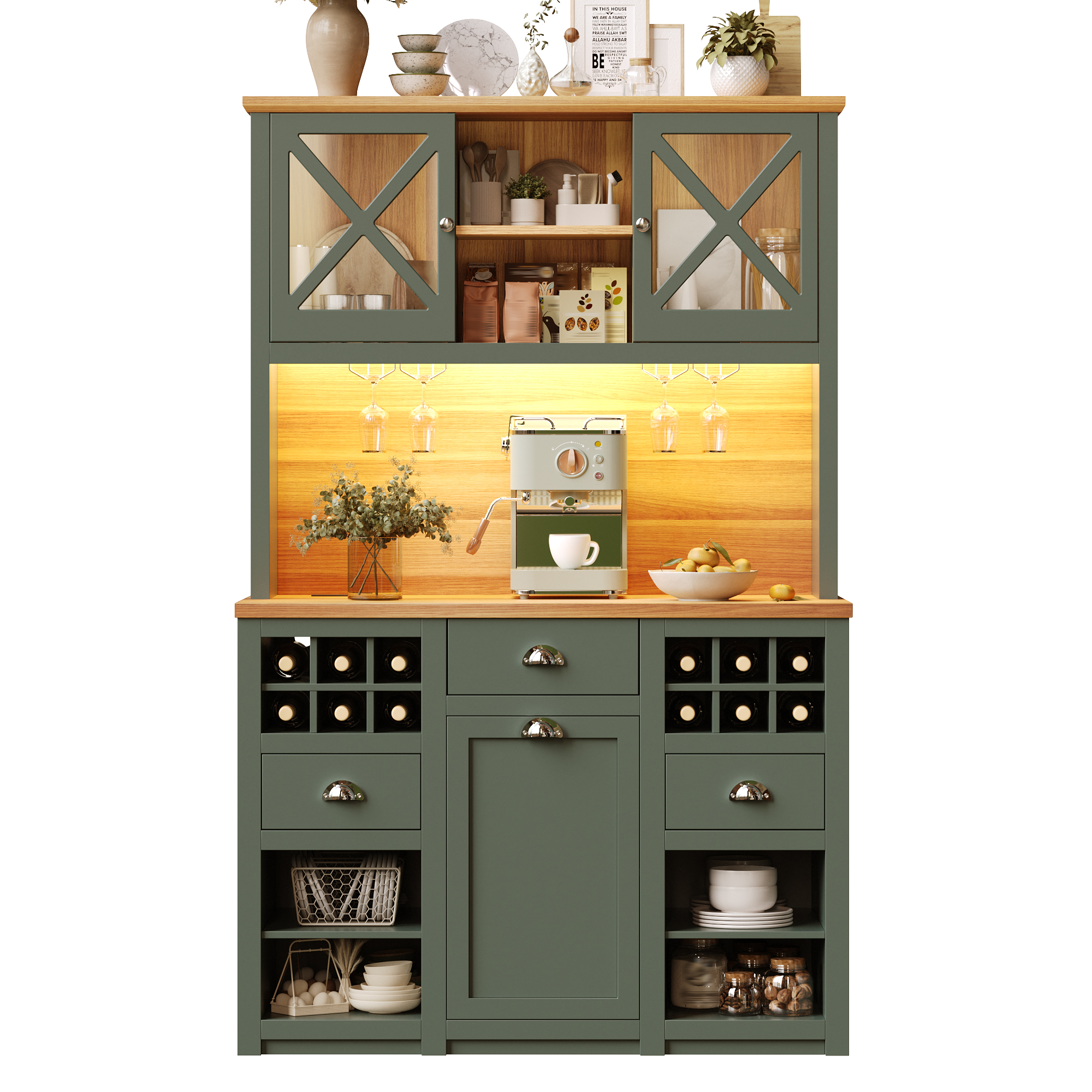 Elvmi Küchenschrank Mit Verstellbaren Böden, Led, Steckdosen Usb, Weinregal, Mdf Glas, Antikgrün, 120 X 45 X 188 Cm