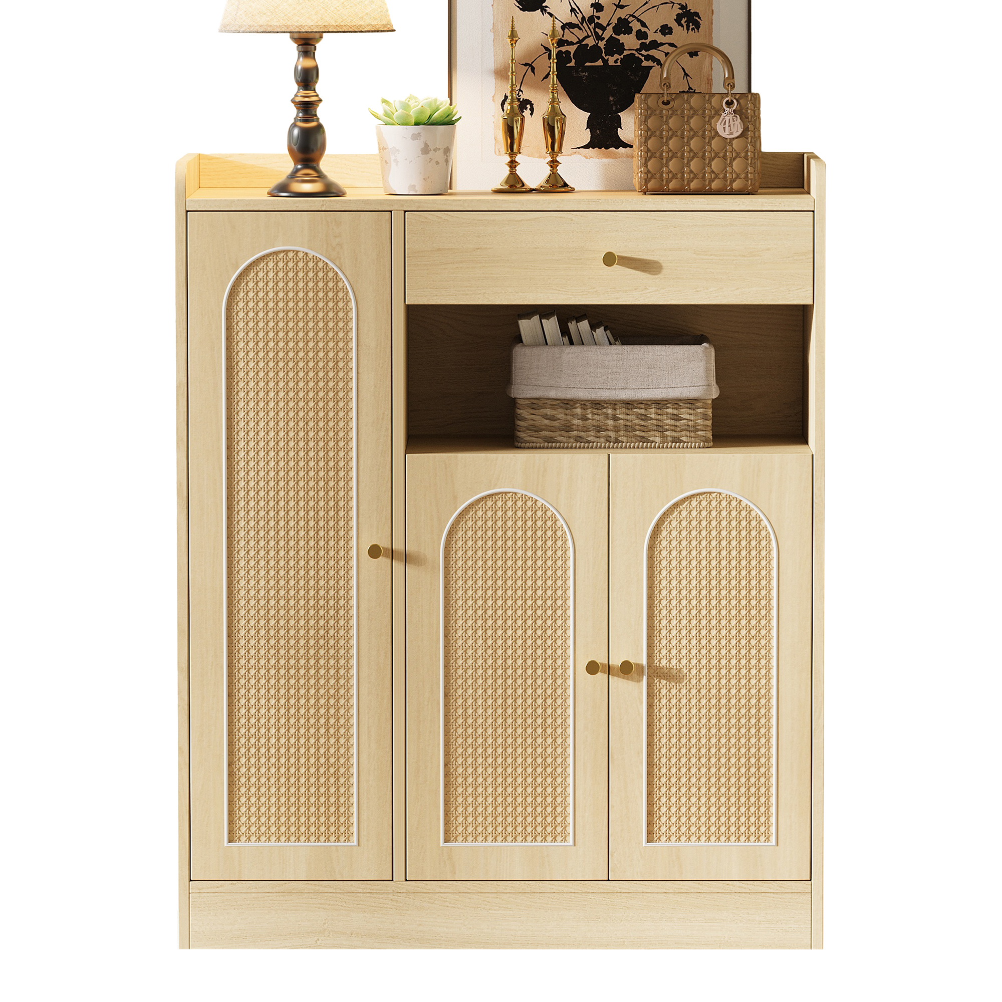 Elvmi Schuhschrank 3 Türen, 1 Schublade Und Verstellbare Einlegeböden, Rattantüren, Flur, Mdf, 90 X 35 X 110 Cm, Natur