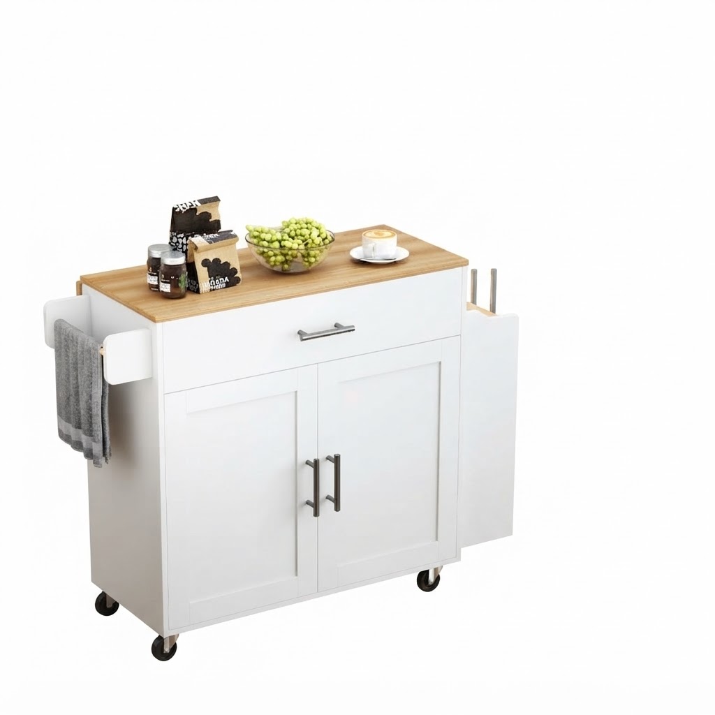 Elvmi Küchenwagen Mit 1 Schublade, 2 Türen, Klappbarer Arbeitsplatte Und Rollen, Aus Holz, 120 X 68 X 85 Cm, Weiß