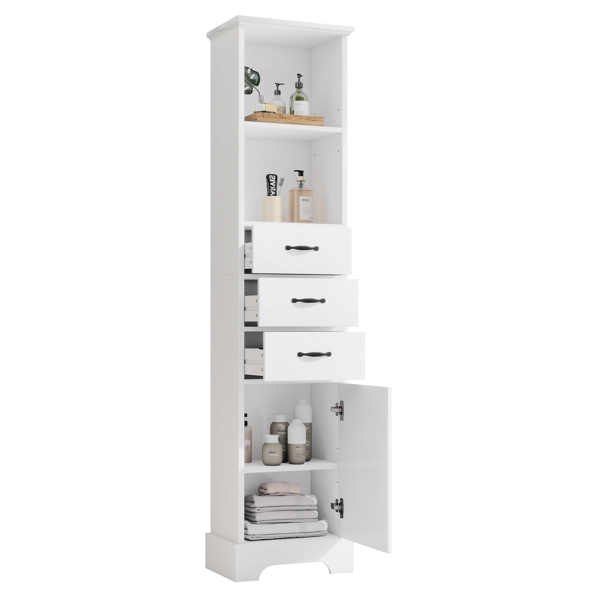 Elvmi Badezimmerschrank Mit 1 Tür, 3 Schubladen Und Verstellbaren Einlegeböden, Lackiertes Mdf, Weiß 38 X 26 X 172.5 Cm