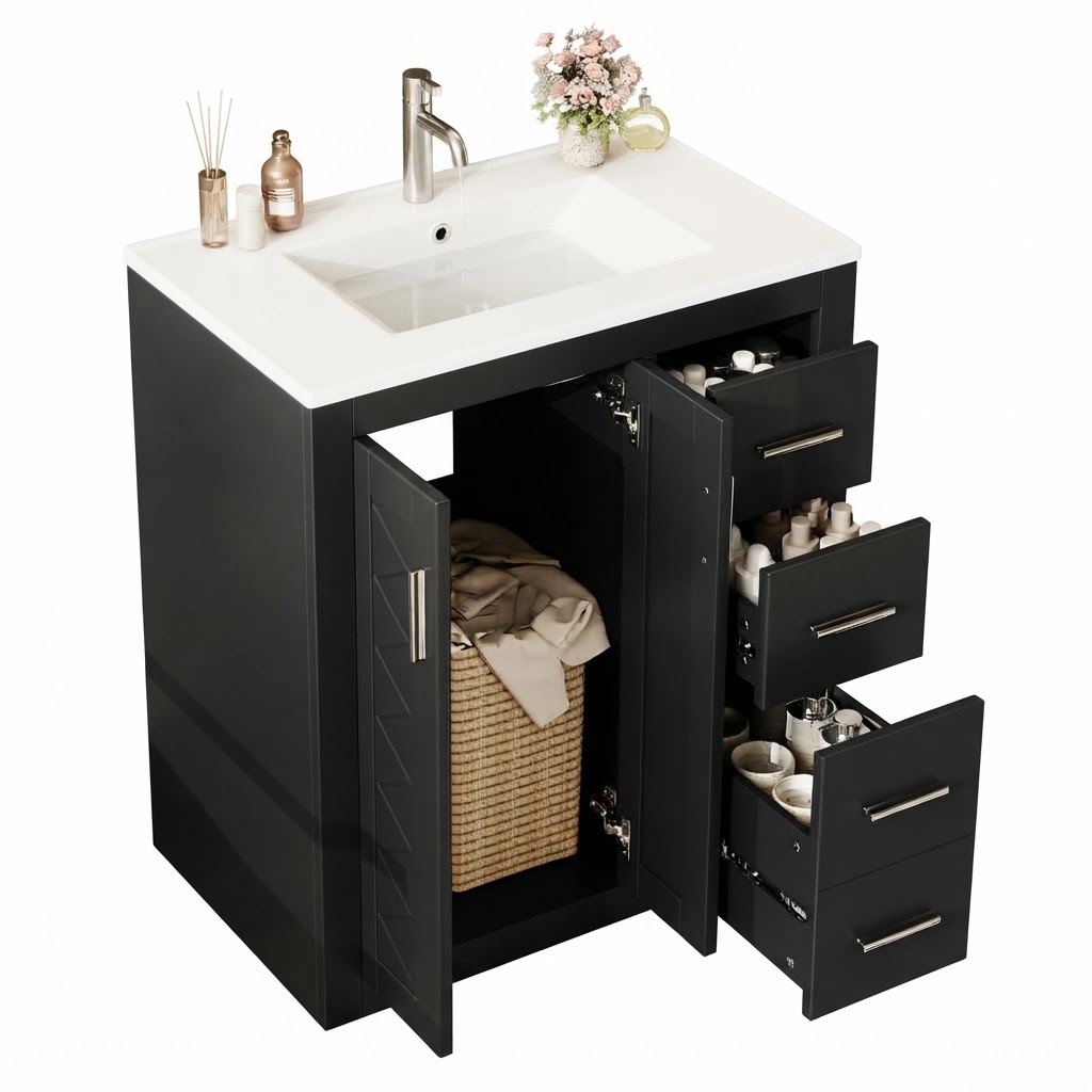 Elvmi Waschtischunterschrank Mit 2 Türen, 3 Schubladen Und Integriertem Waschbecken, Für Bad, Mdf, 76 X 46.5 X 85.5 Cm, Schwarz