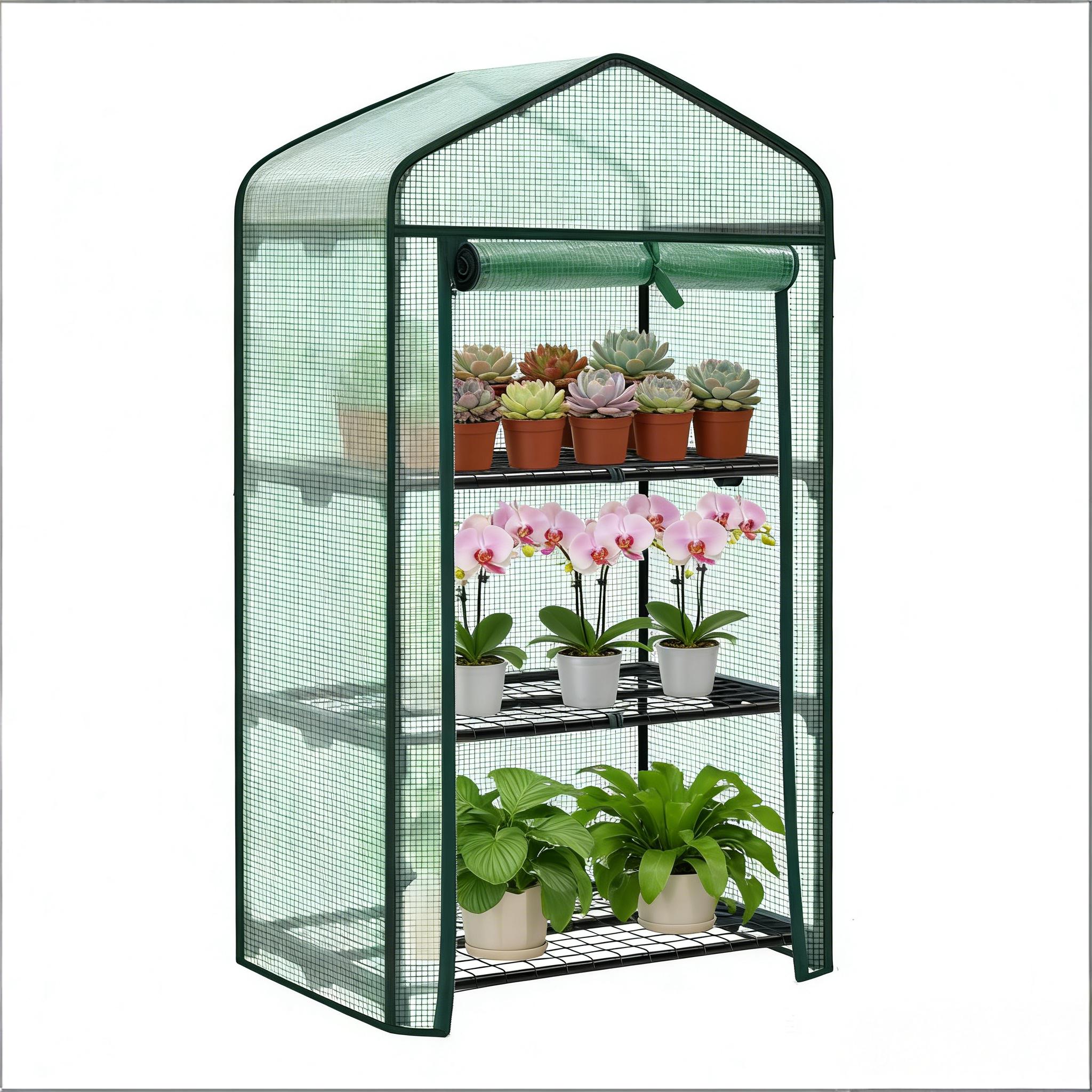 Elvmi Garten Gewächshaus Mit Rolltür Und Reißverschluss, 3 Ablagen, Metall Und Pe, Grün, 69 X 49 X 125 Cm