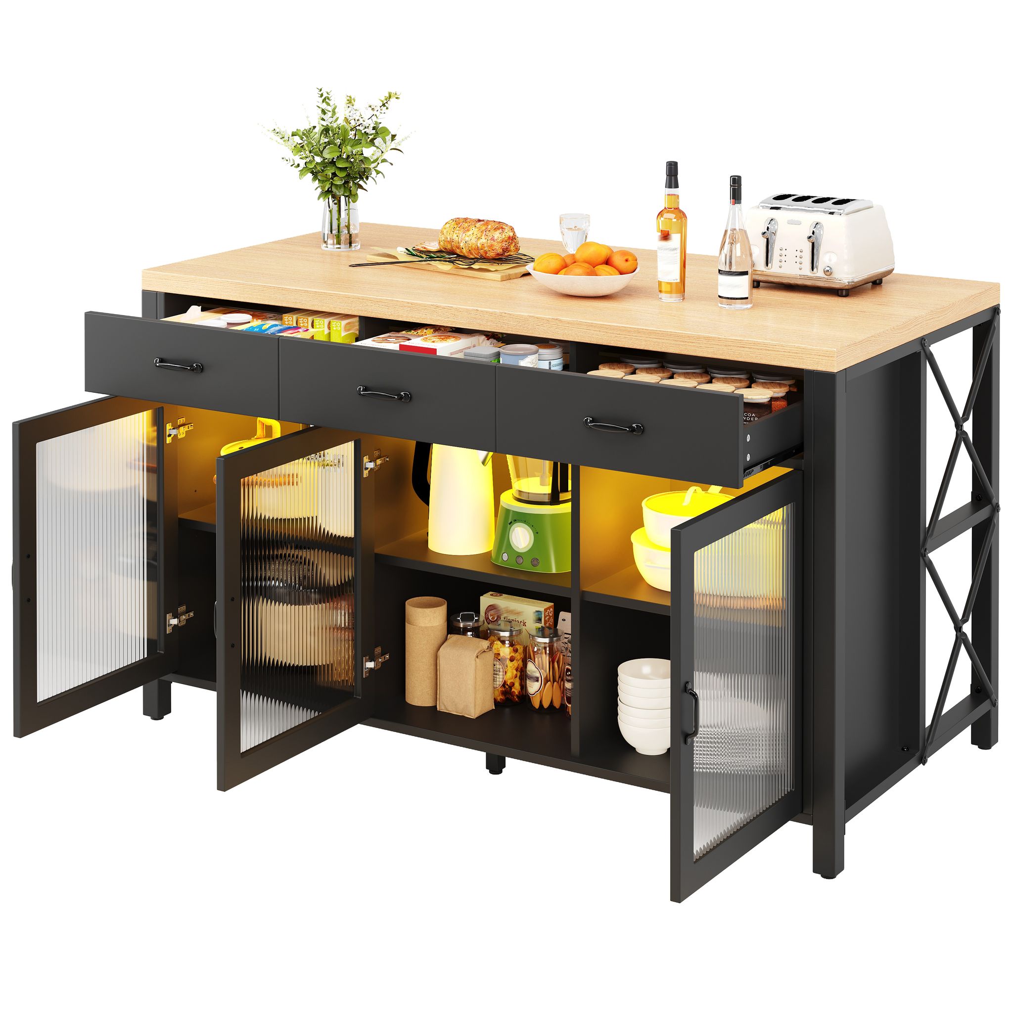 Elvmi Kücheninsel Mit 3 Schubladen Und 3 Glastüren, Led, Verstellbaren Füßen, Mdf, Schwarz, 150 X 80 X 90 Cm