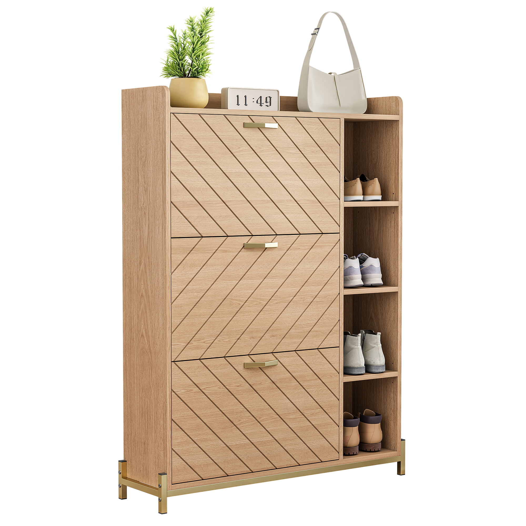 Elvmi Schuhschrank Mit 3 Klapptüren Und Seitlichen Offenen Fächern, Soft-close, Für Flur, Mdf, 90 X 24 X 119 Cm, Natur