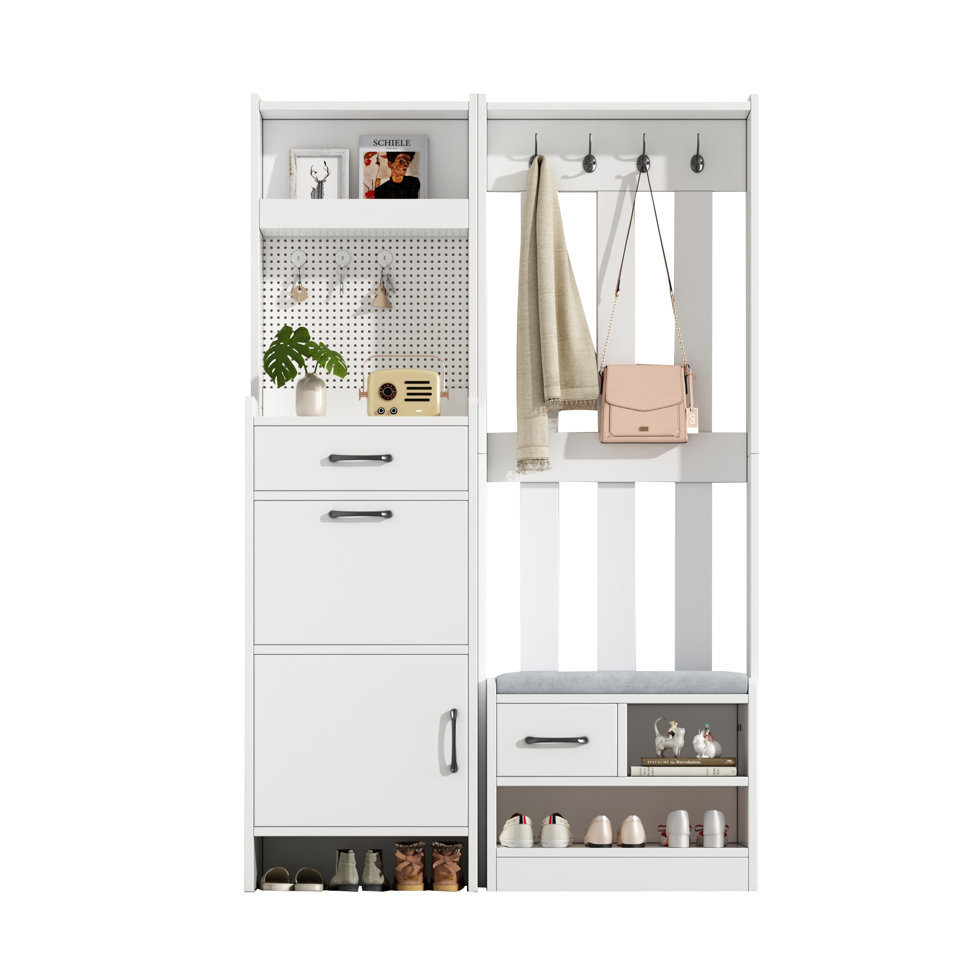 Elvmi Garderobe Mit 2 Schubladen Und 7 Haken, Schuhbank, Für Flur, Weiß, 110 X 35 X 175.5 Cm