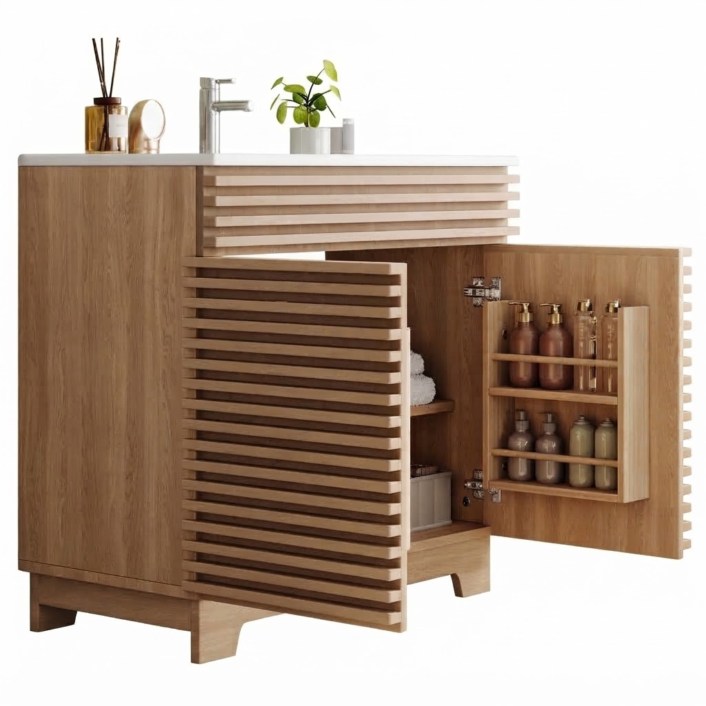 Elvmi Waschbeckenunterschrank Mit 2 Softclose-türen, Einlegeböden Und Keramikwaschbecken, Mdf Natur, 91x46x80 Cm