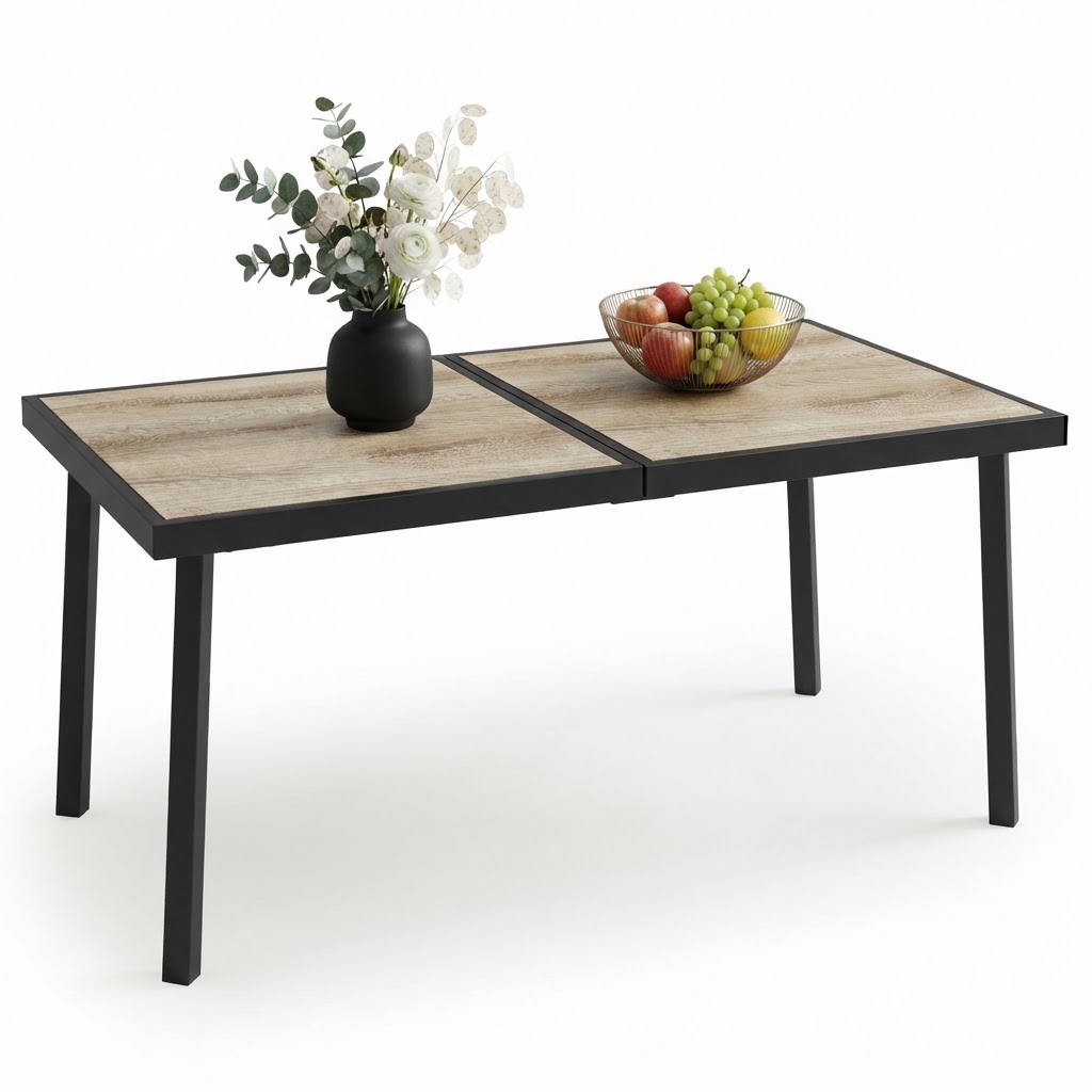 Elvmi Gartentisch Für 6 Personen Rechteckig, Tischplatte In Holzoptik, Stahl, Garten Terrasse, 145 X 85 X 72 Cm