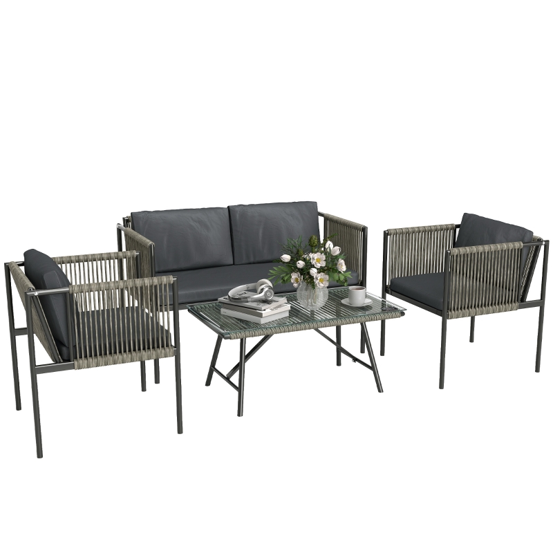 Elvmi Gartenmöbel-set Mit 2 Sesseln, 1 Zweisitzer-sofa, 1 Couchtisch Und 7 Kissen, Stahl, Rattan Und Stoff, Grau