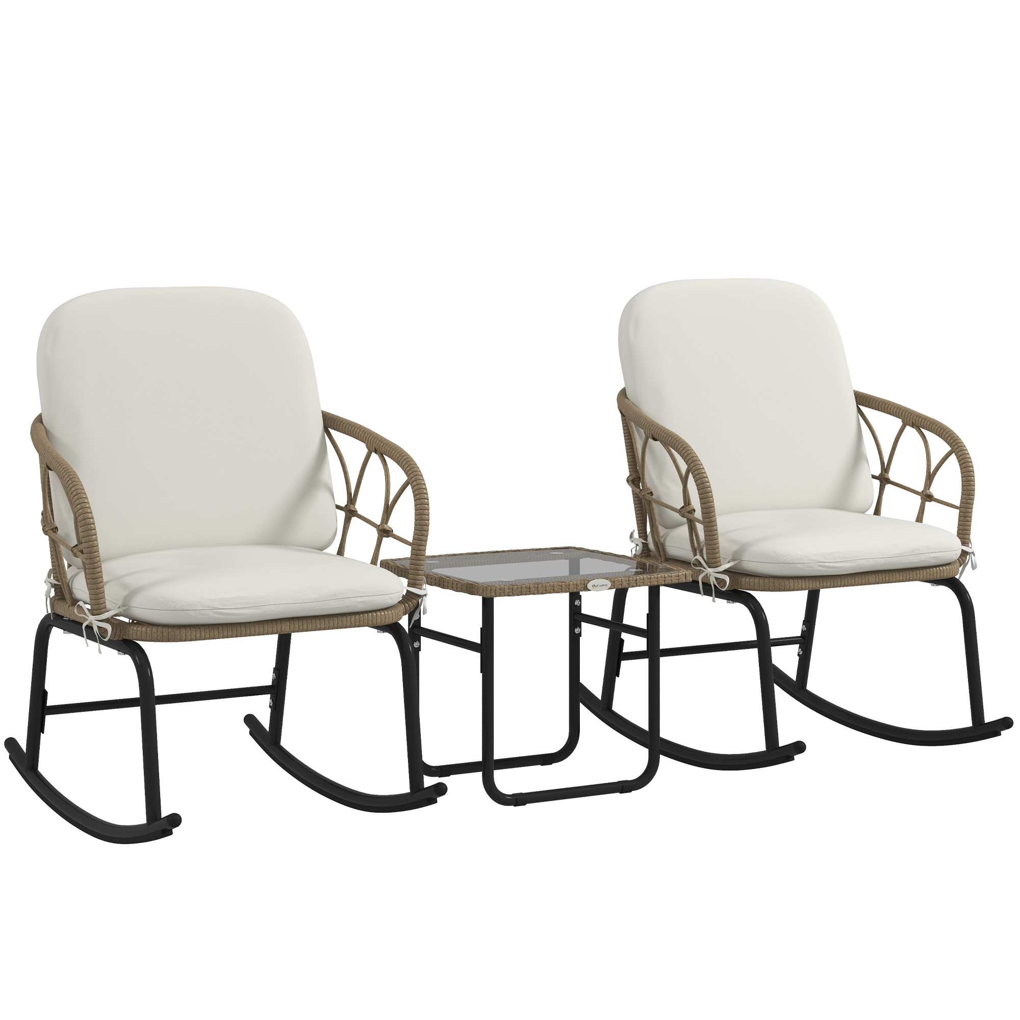 Elvmi Gartenmöbel-set Mit 2 Schaukelstühlen Und 1 Beistelltisch, Abnehmbaren Kissen, Gehärtetem Glas, Pe-rattan Und Stahl, Gelb