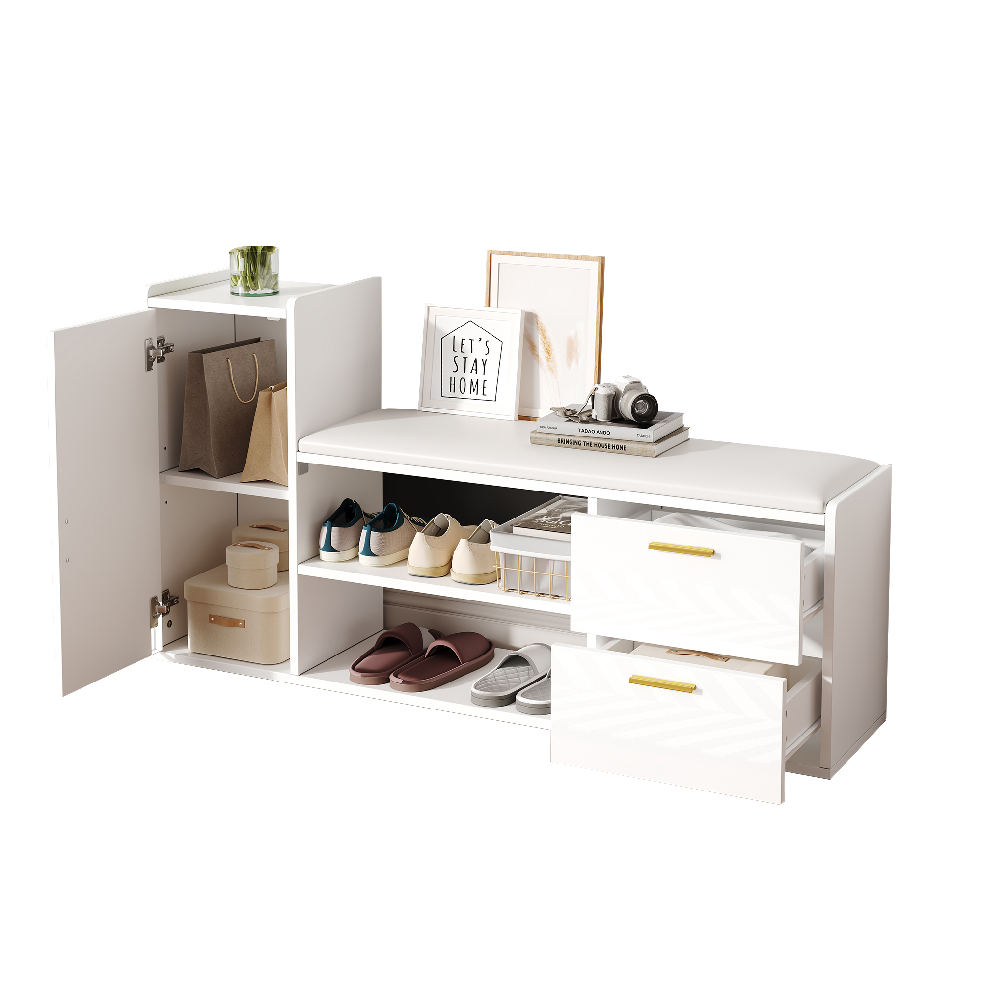 Elvmi Schuhschrank Mit 2 Schubladen, 1 Schrank, 2 Schuhablagen Und Gepolsterter Sitzfläche, Flur, Weiß, 128 X 30 X 68 Cm
