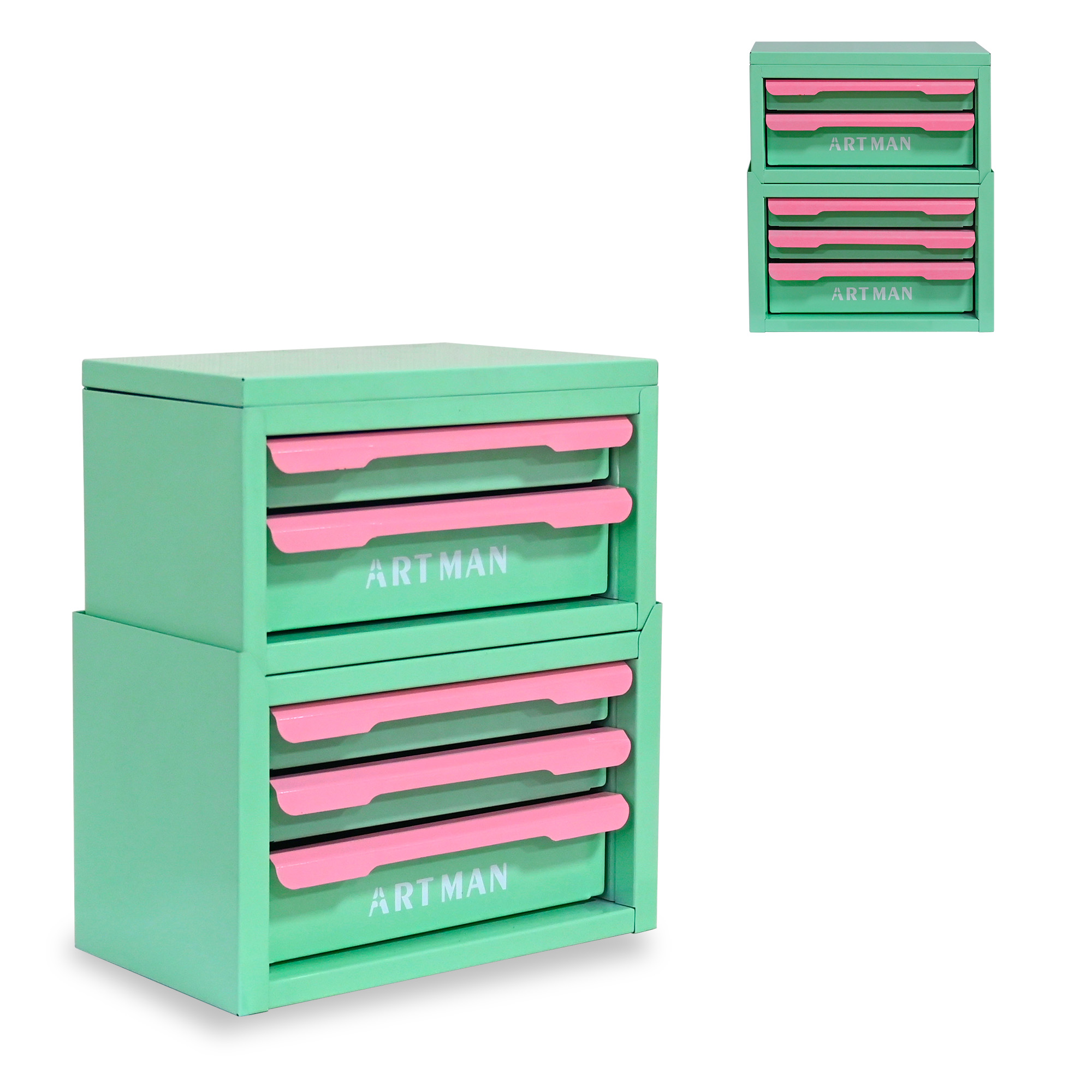Elvmi Schreibtischorganizer Mit 5 Stapelbaren Schubladen Und Metallgriffen, Für Büro, Aus Stahl, Grün Und Rosa