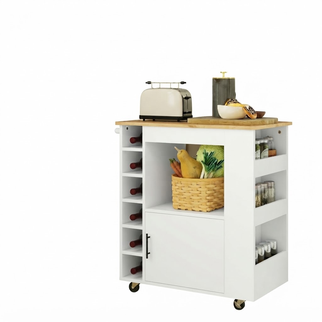 Elvmi Küchenwagen Mit Schrank, Offenem Fach, 3 Seitenablagen, 6 Weinregalen, Arbeitsplatte, Sperrholz, Eiche