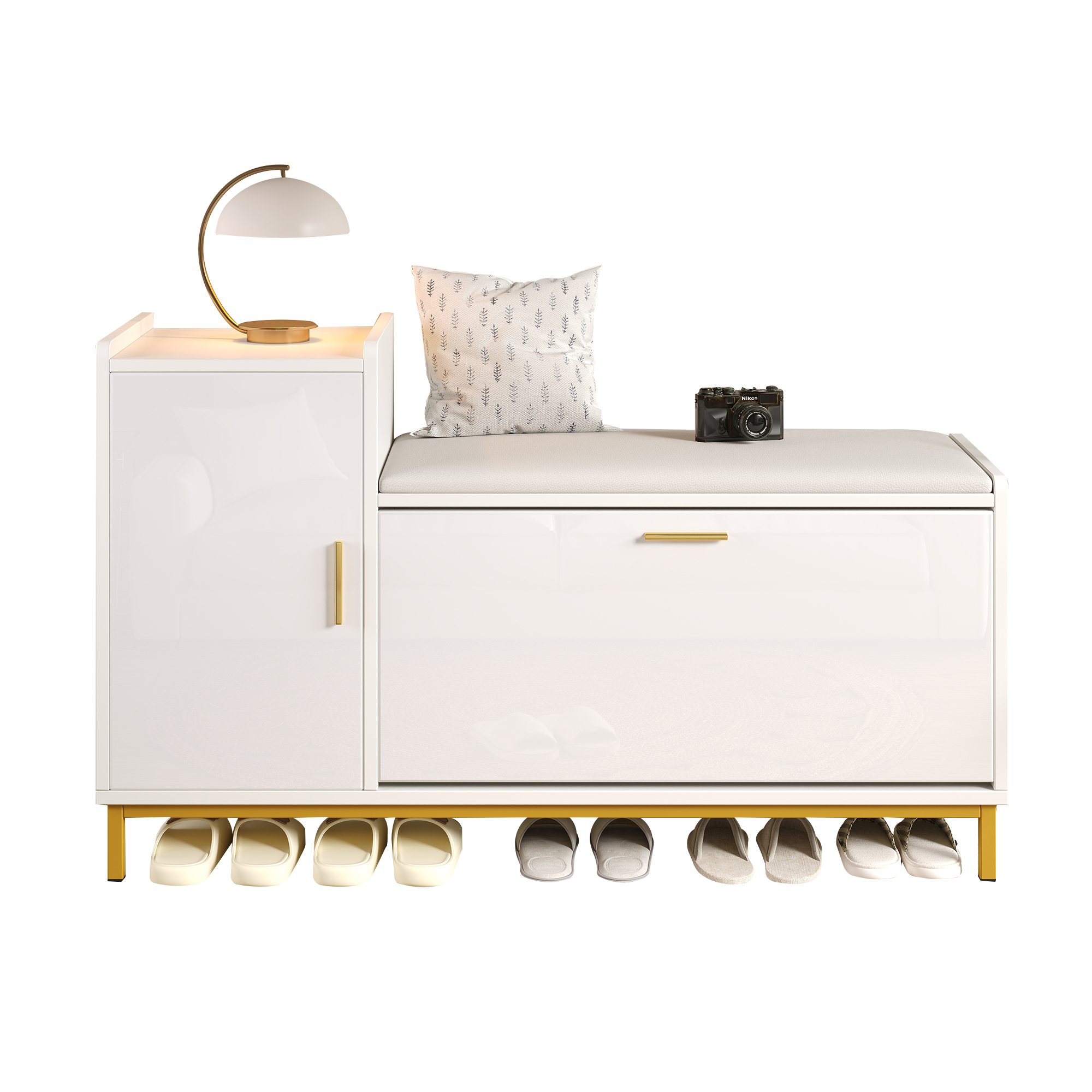Elvmi Schuhschrank Mit 2 Schuhregalen, 1 Schrank Und Gepolsterter Sitzfläche, Für Flur, 100 X 38 X 68 Cm, Weiß Und Gold