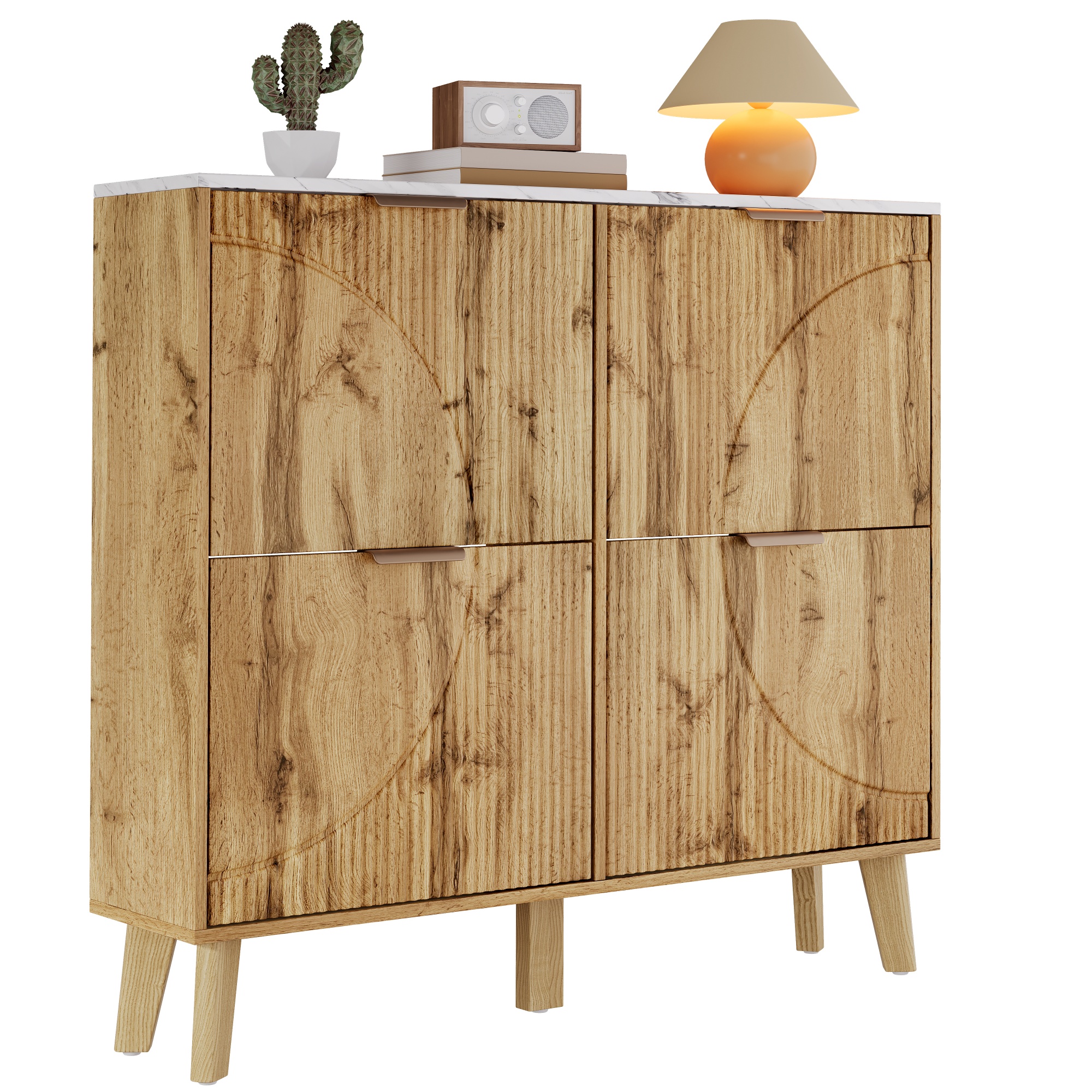 Elvmi Schuhschrank Mit 4 Klapptüren, Arbeitsplatte In Marmoroptik, Für Eingangsbereich, 105 X 24 X 95.5 Cm, Natur