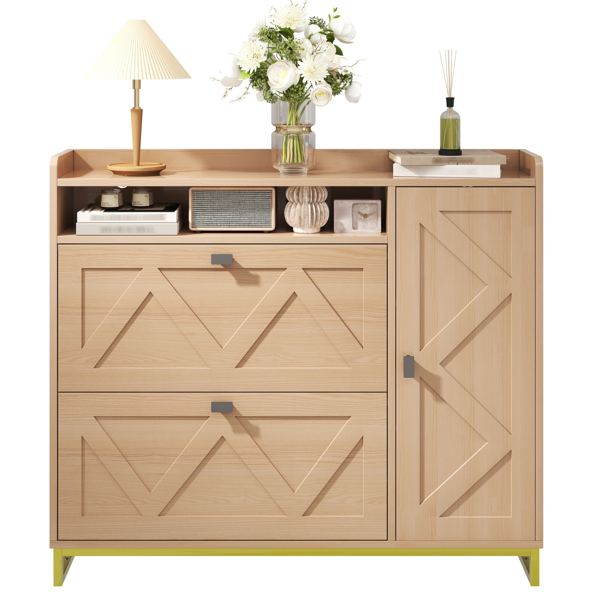 Elvmi Schuhschrank Mit 4 Klapptüren, Offenem Fach Und Soft-close, Mdf, 110 X 24 X 100 Cm, Natur