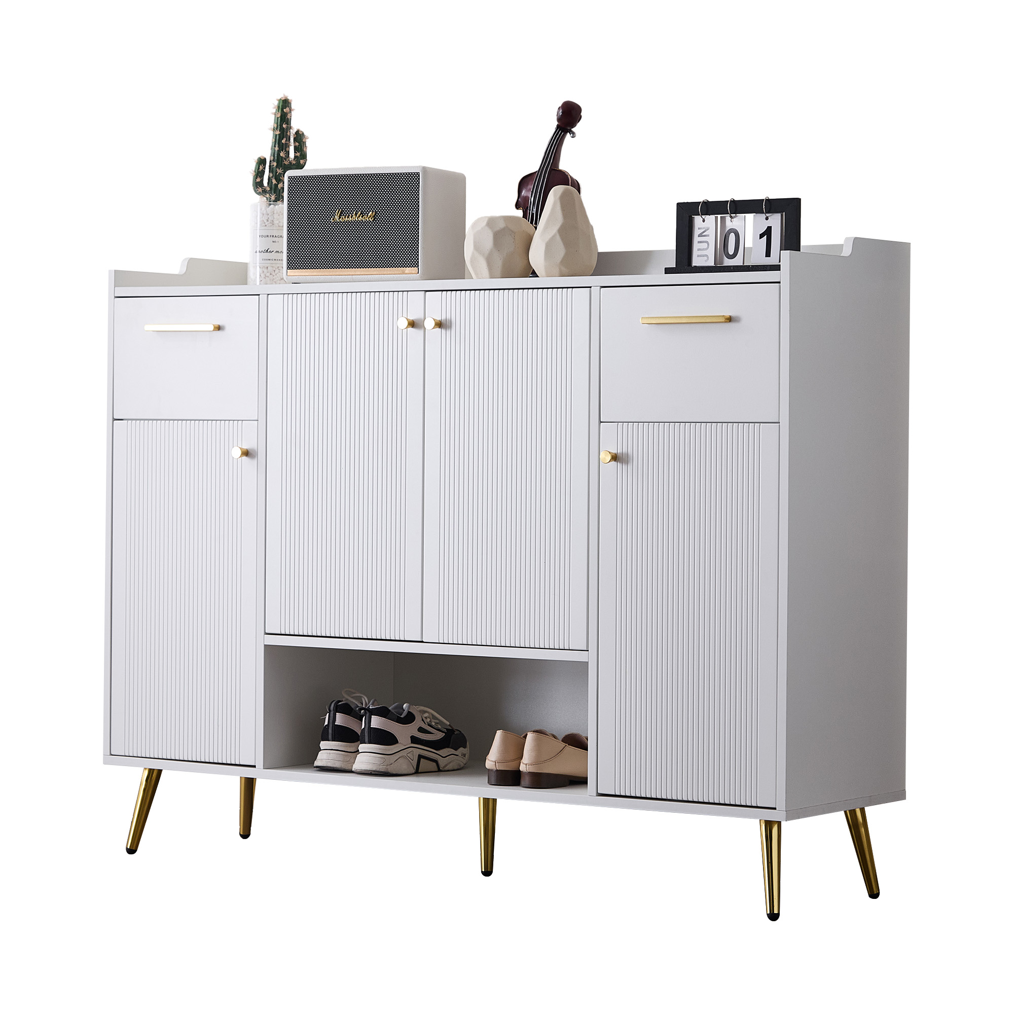 Elvmi Schuhschrank Mit 4 Türen, 2 Schubladen Und Offenfach, Metallfüßen, Für Flur, Weiß, 130 X 37 X 100 Cm