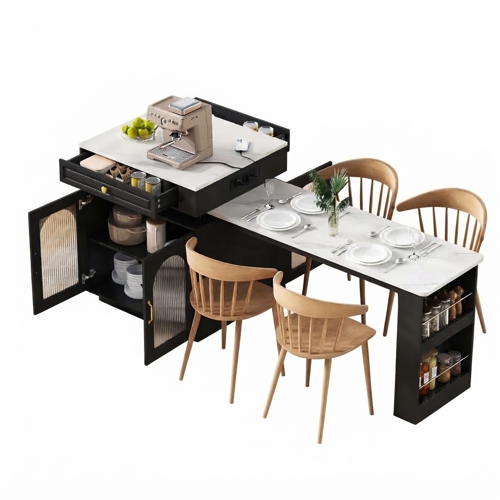 Elvmi Kücheninsel Ausziehbar Mit 2 Schränken, Schublade, Regalen, Led Und Steckdosen, Für Küche, Schwarz, 128200 X 71 X 92 Cm