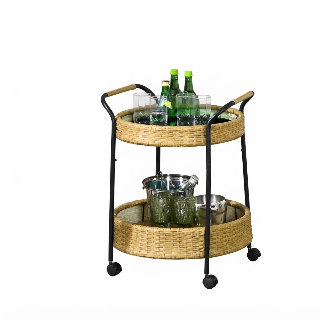 Elvmi Küchenwagen Mit 2 Ablagen, 4 Rollen Und 2 Bremsen Für Terrasse Aus Rattan Gelb, Durchmesser 50 Cm
